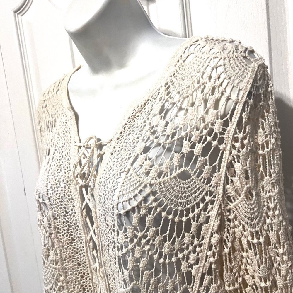 Forgotten Grace-100% Cotton Women's Boho/Hippie Top-Cream-Med-Lace Up-Lace Scall - Picture 7 of 12